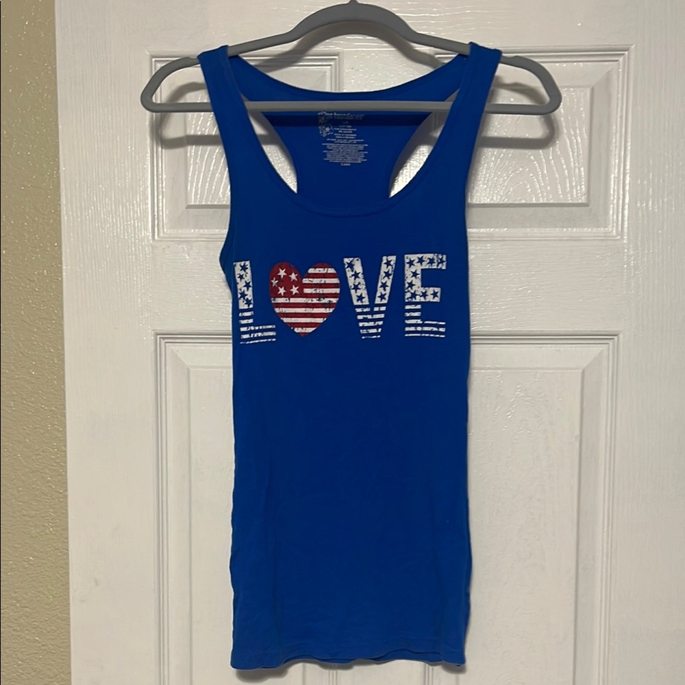 LOVE No Boundaries Stars and Stripes Blue Sleeveless Fitted Tank Top